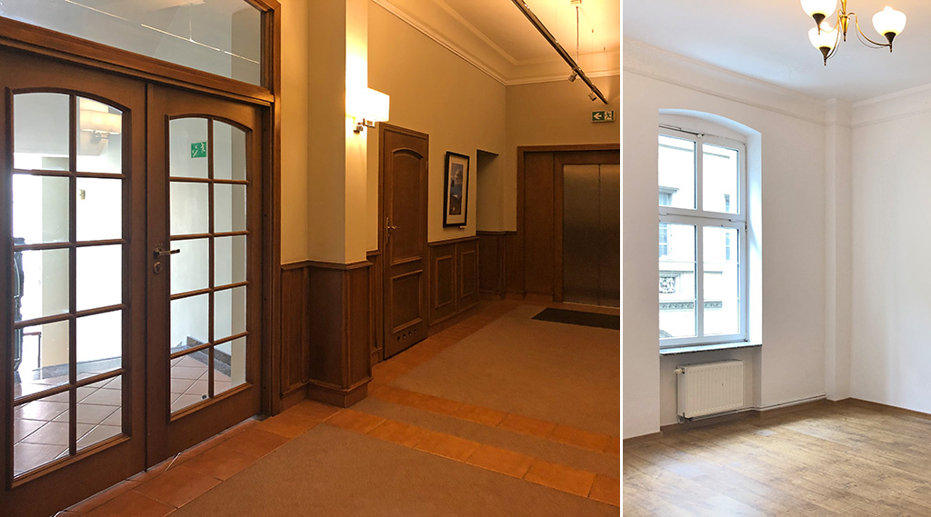 po lewej hol, po prawej fragment wnętrze luksusowego biura do wynajmu Wrocław 